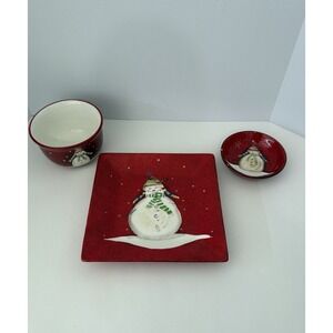Oneida Snowmates Debbie Taylor Kerman Snowman Red 3‎ Pc Set Plate Bowls Ceramic